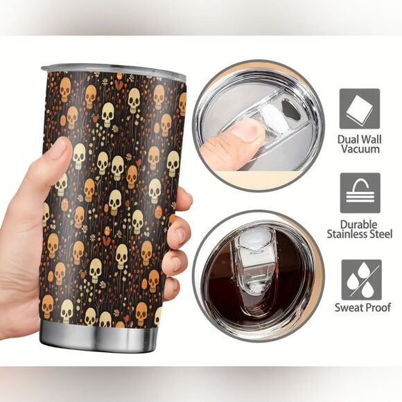 Spooky Chic Skull & Floral Double Wall Insulated Tumbler with Sliding Lid - 20oz - Picture 3 of 5